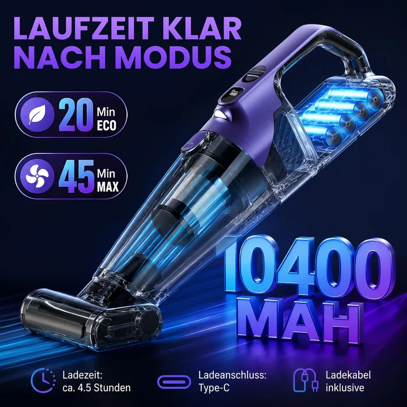 Tierhaar Handstaubsauger Akku 28000Pa mit Rotierende Bürstenrolle&LED Licht | Stark Autostaubsauger