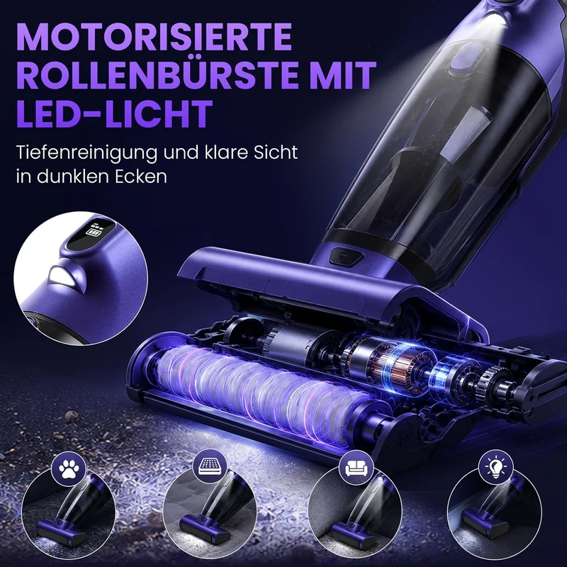 Tierhaar Handstaubsauger Akku 28000Pa mit Rotierende Bürstenrolle&LED Licht | Stark Autostaubsauger