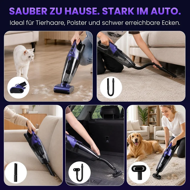 Tierhaar Handstaubsauger Akku 28000Pa mit Rotierende Bürstenrolle&LED Licht | Stark Autostaubsauger
