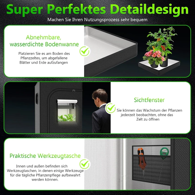 Growzelt Komplettset 120x120x200cm Grow Tent Kit mit 200W LED Vollspektrum Grow Lampe Dimmbar, GrowZ
