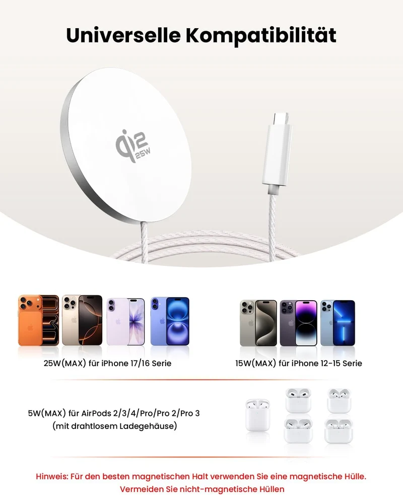 GEEKERA 25W magnetisches Schnellladegerät: Ultradünnes Flaches Wireless Charger für Apple MagSafe iP