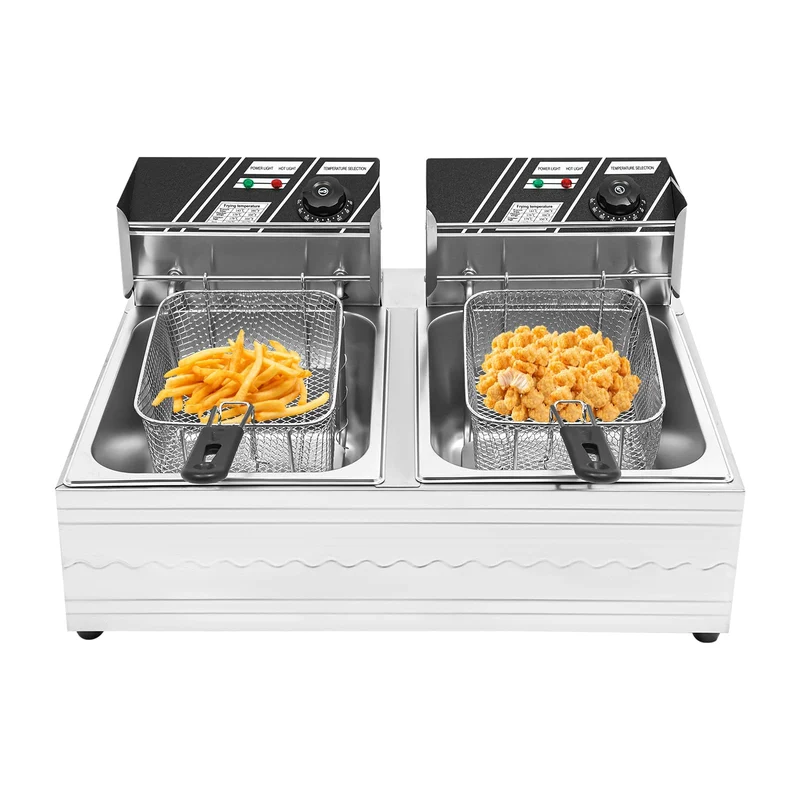 Kommerzielle Edelstahl Doppel-Fritteuse mit 2x6L Fassungsvermögen, Fünf-Ring-Heizrohr, Temperaturson