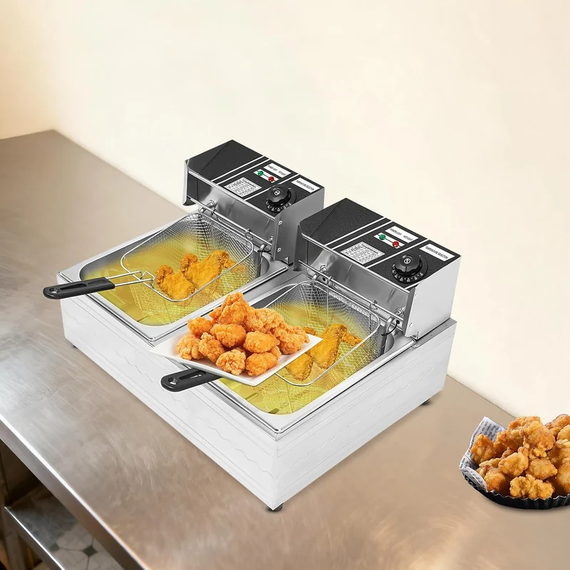 Kommerzielle Edelstahl Doppel-Fritteuse mit 2x6L Fassungsvermögen, Fünf-Ring-Heizrohr, Temperaturson