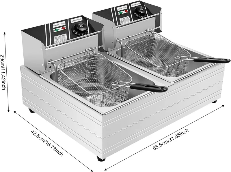 Kommerzielle Edelstahl Doppel-Fritteuse mit 2x6L Fassungsvermögen, Fünf-Ring-Heizrohr, Temperaturson