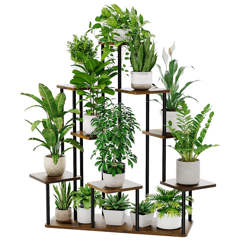 Bamworld Pflanzenständer Indoor 9 Ebenen, Blumentreppe aus Holz und Metall, Mehrstöckiges Pflanzenre