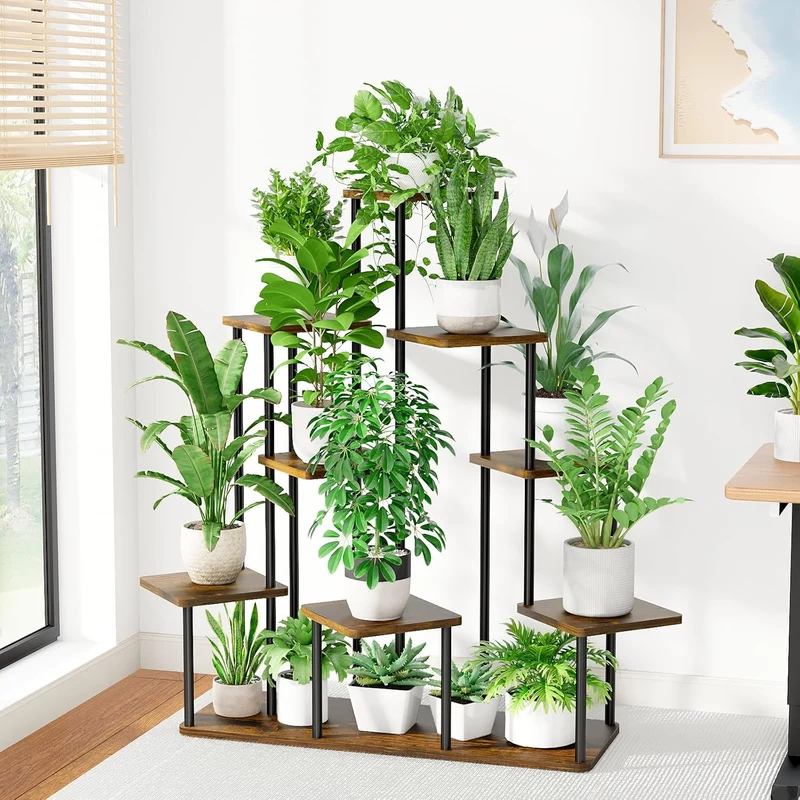 Bamworld Pflanzenständer Indoor 9 Ebenen, Blumentreppe aus Holz und Metall, Mehrstöckiges Pflanzenre