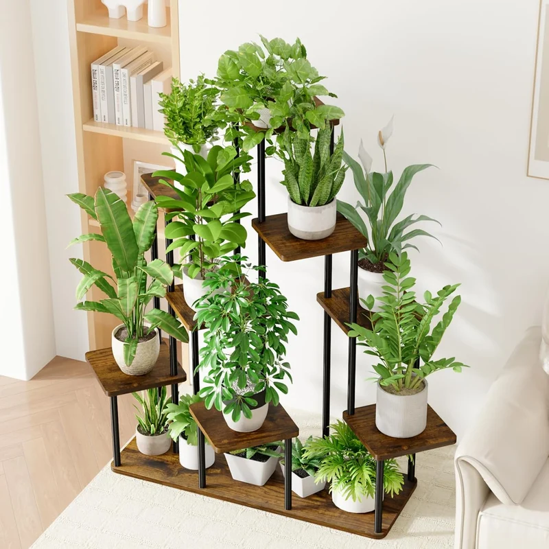 Bamworld Pflanzenständer Indoor 9 Ebenen, Blumentreppe aus Holz und Metall, Mehrstöckiges Pflanzenre