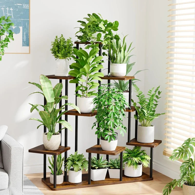 Bamworld Pflanzenständer Indoor 9 Ebenen, Blumentreppe aus Holz und Metall, Mehrstöckiges Pflanzenre
