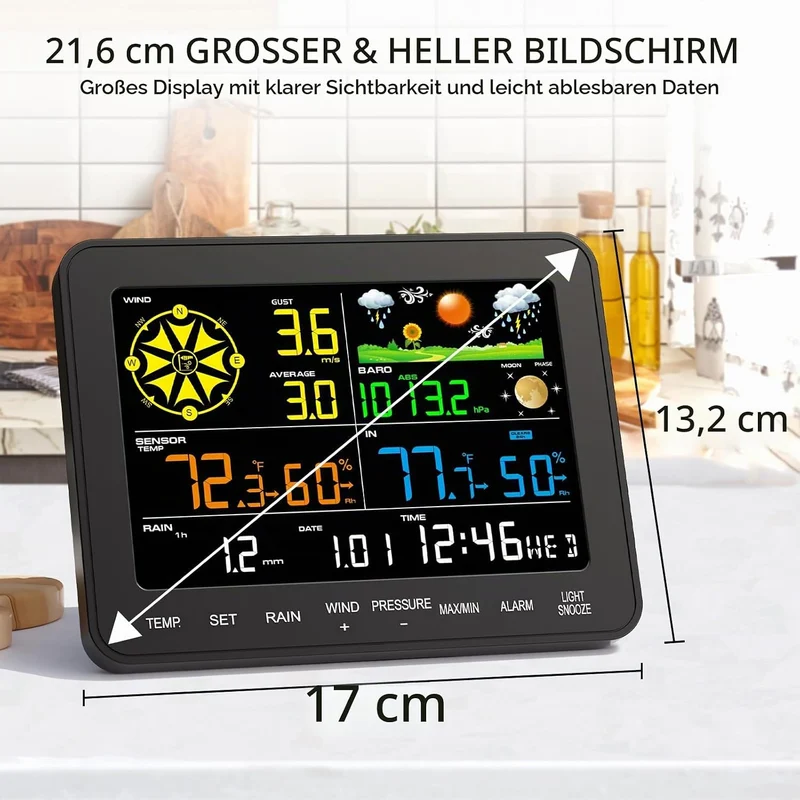 12-in-1 Wetterstation Funk mit Aussensensor, Windmesser, Regenmesser, Barometer, Innen-/Aussentemper
