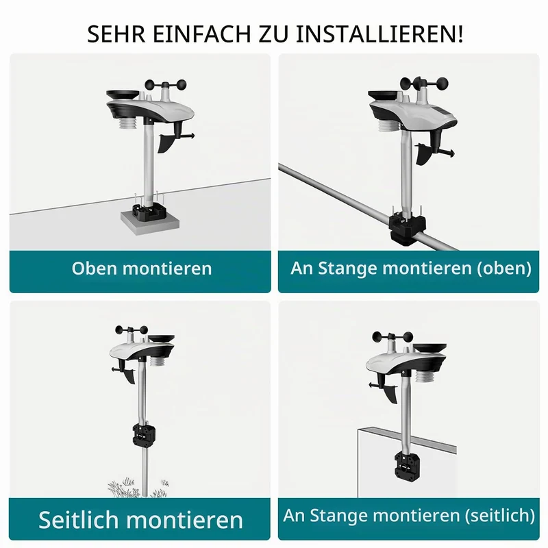 12-in-1 Wetterstation Funk mit Aussensensor, Windmesser, Regenmesser, Barometer, Innen-/Aussentemper