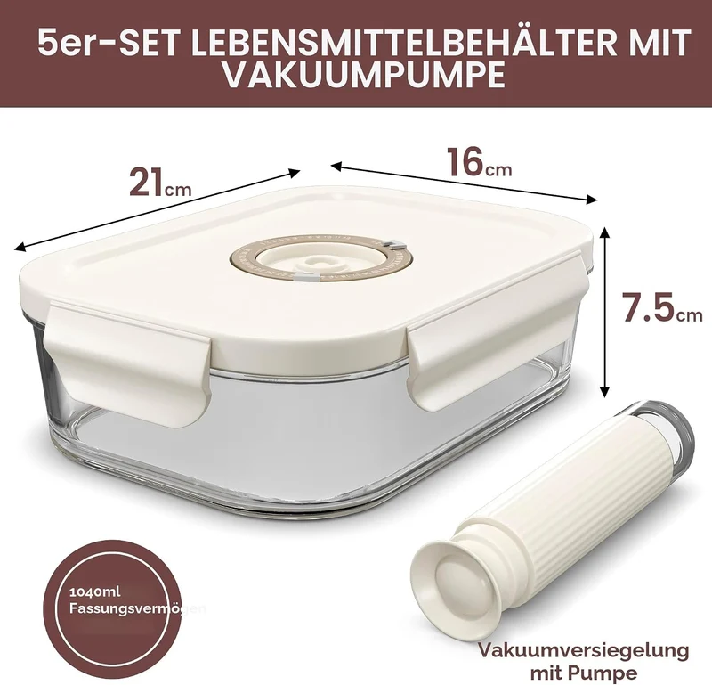 5er-Pack 1040ml Glas-Vakuum-Lebensmittelbehälter mit Datumsanzeige & Pumpe - luftdichte Vakuumbehält