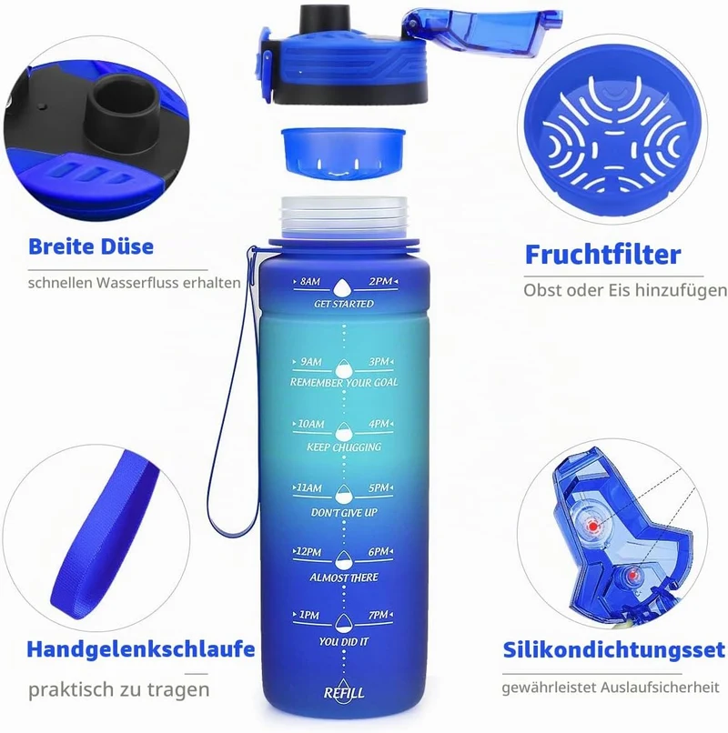 Coolfel Sport Trinkflasche 2l, 1,5l, 1l, 700ml, 500ml Trinkflasche Kinder Auslaufsicher, Motivierend