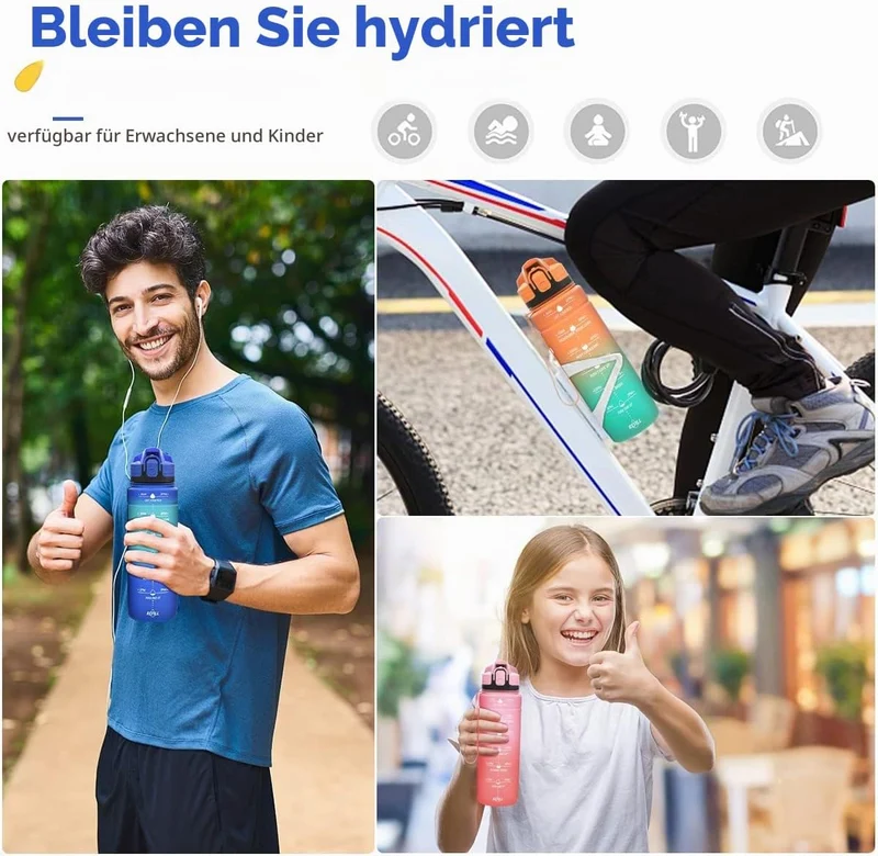 Coolfel Sport Trinkflasche 2l, 1,5l, 1l, 700ml, 500ml Trinkflasche Kinder Auslaufsicher, Motivierend