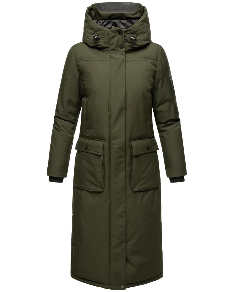 Navahoo Damen Wintermantel Warmer Mantel extralang mit Kapuze Wolkenfrost XIV XS-XXL XL Dark Olive,