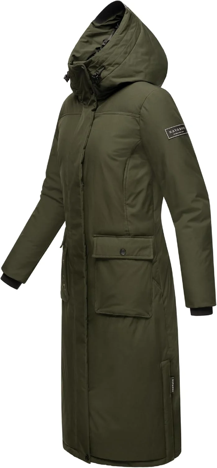 Navahoo Damen Wintermantel Warmer Mantel extralang mit Kapuze Wolkenfrost XIV XS-XXL XL Dark Olive,