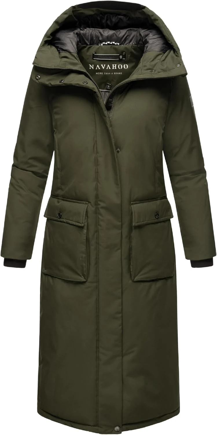 Navahoo Damen Wintermantel Warmer Mantel extralang mit Kapuze Wolkenfrost XIV XS-XXL XL Dark Olive,