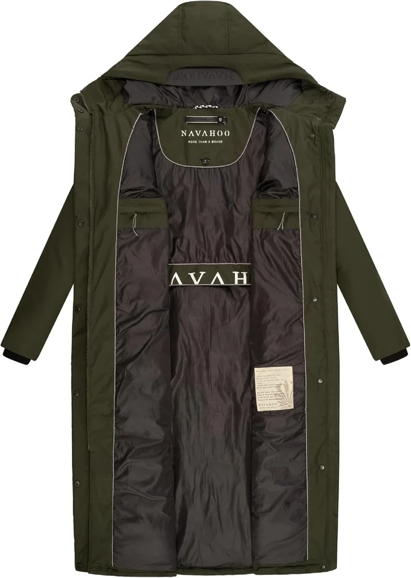 Navahoo Damen Wintermantel Warmer Mantel extralang mit Kapuze Wolkenfrost XIV XS-XXL XL Dark Olive,