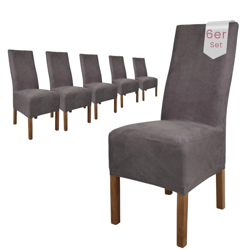 SCHEFFLER-Home Stuhlhussen 6er Set Leon Grau/elastische Wildleder Hussen für Stühle/Robustes Freisch