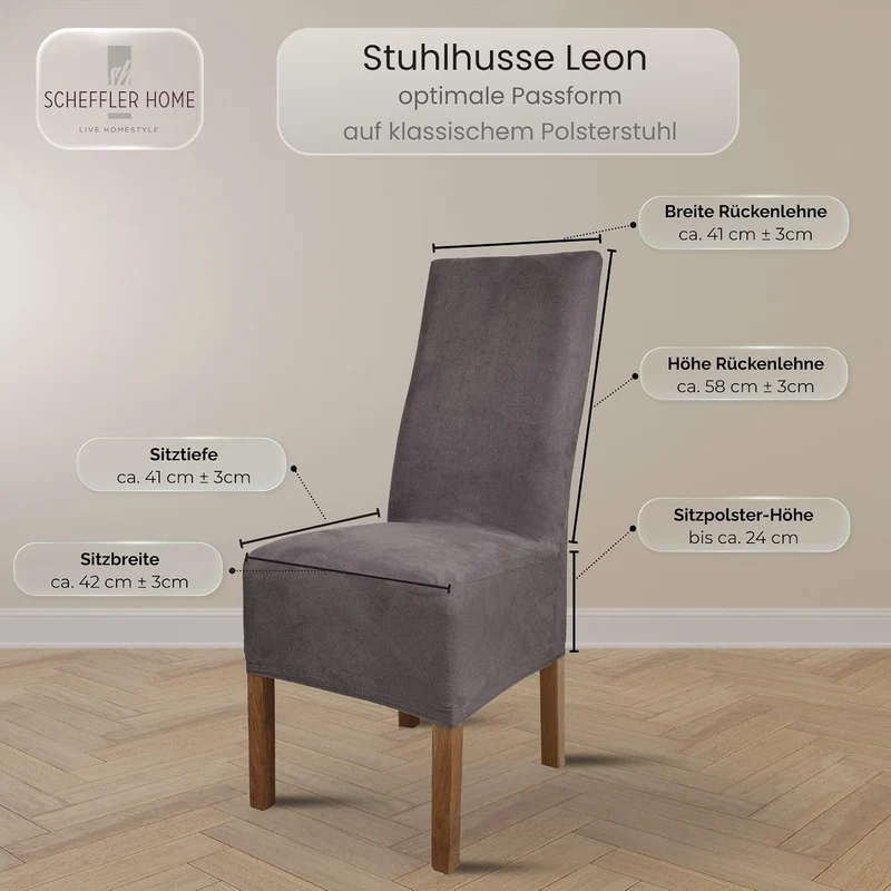 SCHEFFLER-Home Stuhlhussen 6er Set Leon Grau/elastische Wildleder Hussen für Stühle/Robustes Freisch