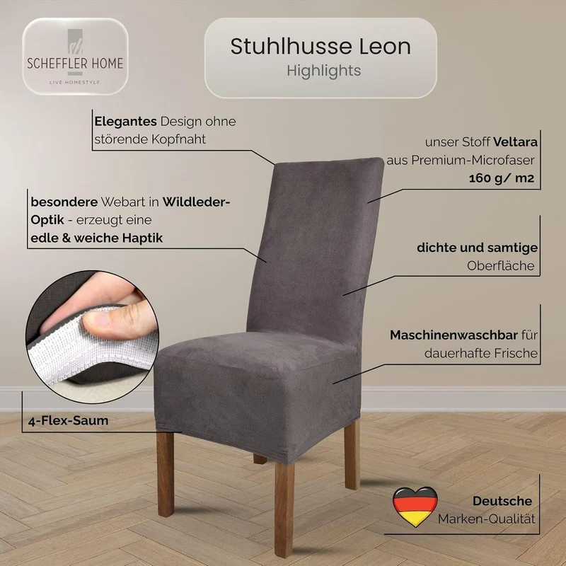 SCHEFFLER-Home Stuhlhussen 6er Set Leon Grau/elastische Wildleder Hussen für Stühle/Robustes Freisch