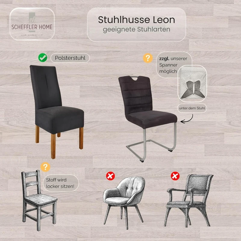 SCHEFFLER-Home Stuhlhussen 6er Set Leon Grau/elastische Wildleder Hussen für Stühle/Robustes Freisch