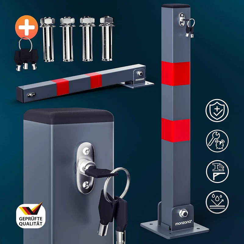 DEUBA® 3x Parkpfosten Parkplatzsperre 3 Schlüssel Sperrpfosten klappbar Stahl Robust Standfuss Stabi