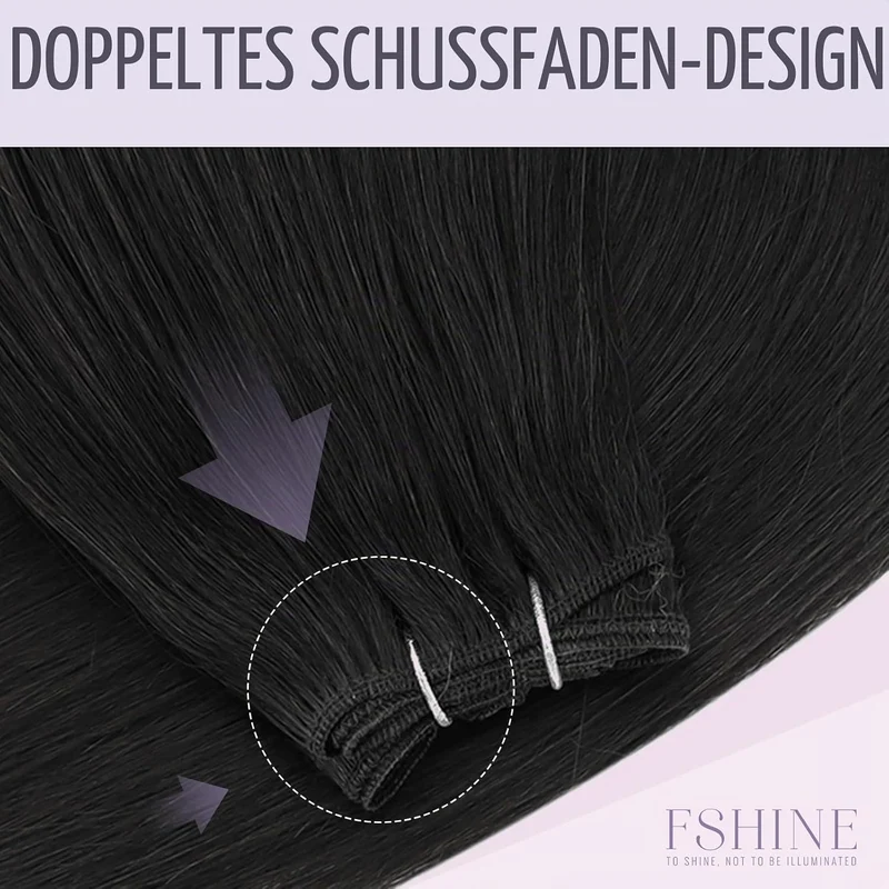 fshine Echthaar Tressen Zum Einnähen Pechschwarz Tressen Echthaar Extensiones 50cm/20zoll 100 Gramm