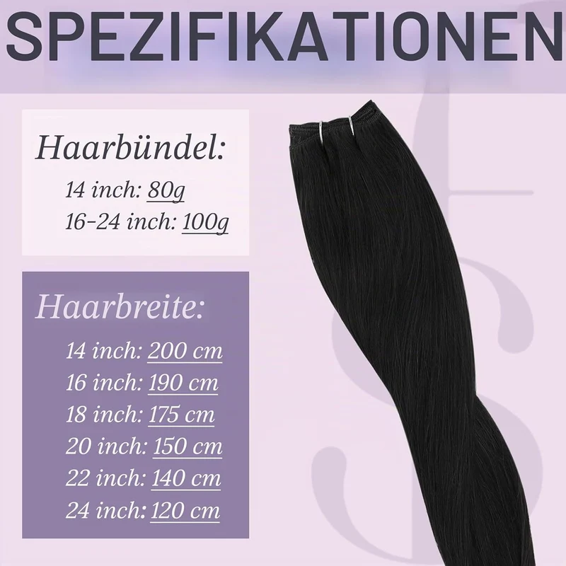 fshine Echthaar Tressen Zum Einnähen Pechschwarz Tressen Echthaar Extensiones 50cm/20zoll 100 Gramm
