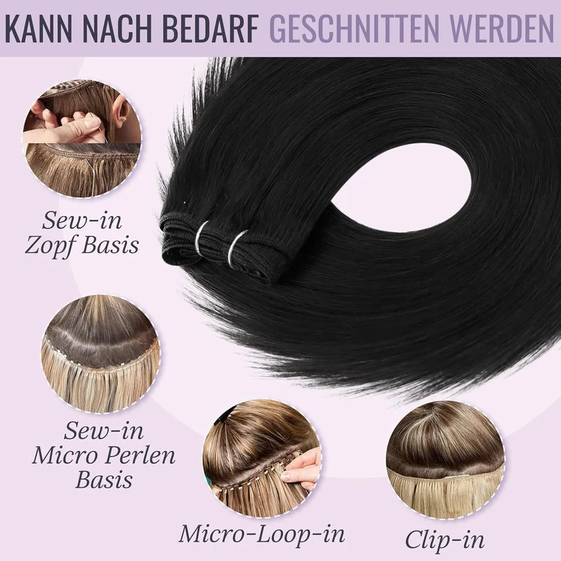 fshine Echthaar Tressen Zum Einnähen Pechschwarz Tressen Echthaar Extensiones 50cm/20zoll 100 Gramm