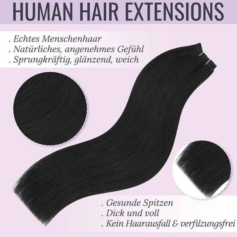 fshine Echthaar Tressen Zum Einnähen Pechschwarz Tressen Echthaar Extensiones 50cm/20zoll 100 Gramm