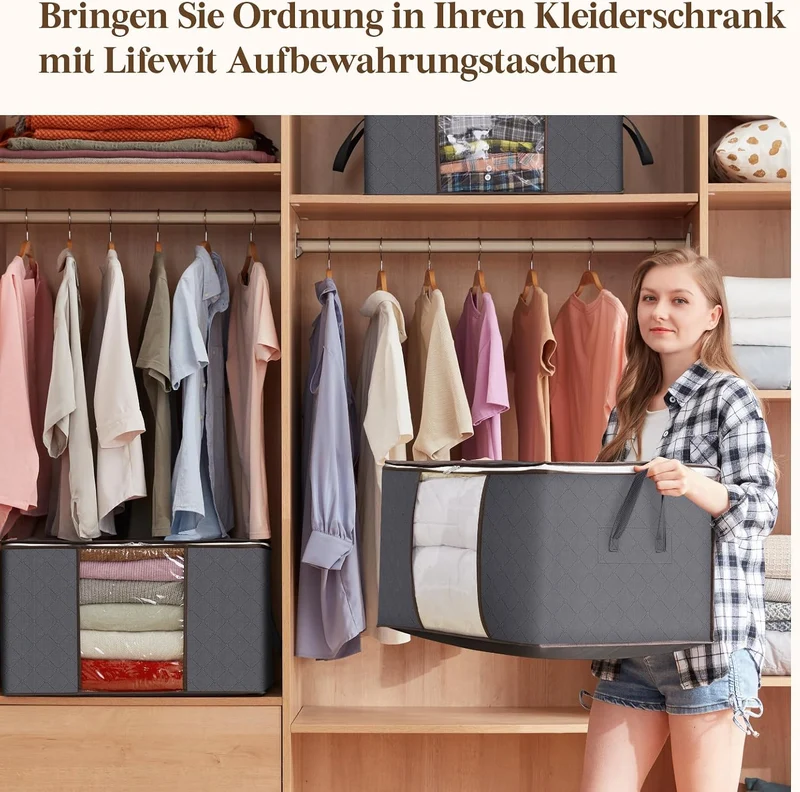 Lifewit 3 Stück 90L Aufbewahrungstasche, Aufbewahrungsbox mit Deckel, Gross Kleideraufbewahrung Umzu