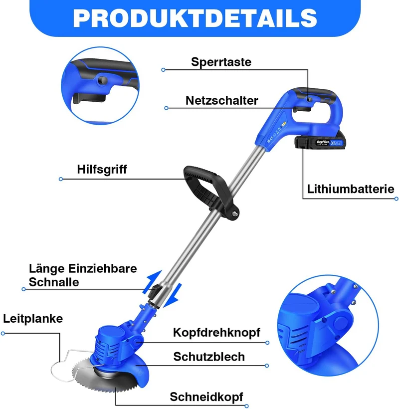 Akku Rasentrimmer mit Akku 21V Freischneider mit 2 Batterien, Akku Motorsense & Rasentrimmer Rasen m