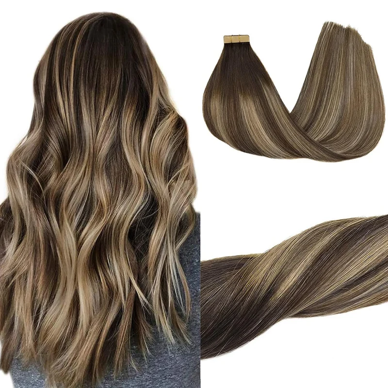 GOO GOO Tape Extensions Echthaar, 20pcs 40g 30cm Balayage Schokoladenbraun Gemischter Honig Blond Ec