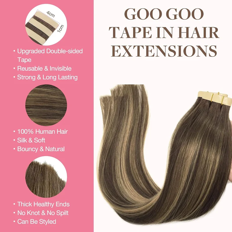 GOO GOO Tape Extensions Echthaar, 20pcs 40g 30cm Balayage Schokoladenbraun Gemischter Honig Blond Ec