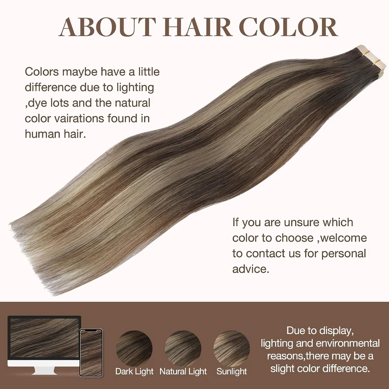 GOO GOO Tape Extensions Echthaar, 20pcs 40g 30cm Balayage Schokoladenbraun Gemischter Honig Blond Ec