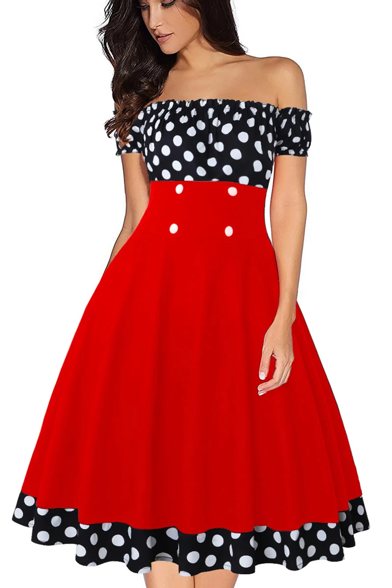 AXOE Damen Schulterfrei Kleid 50er Jahre Kleid Cocktailkleid mit Polka Dots Knielang S Rot/Schwarz,