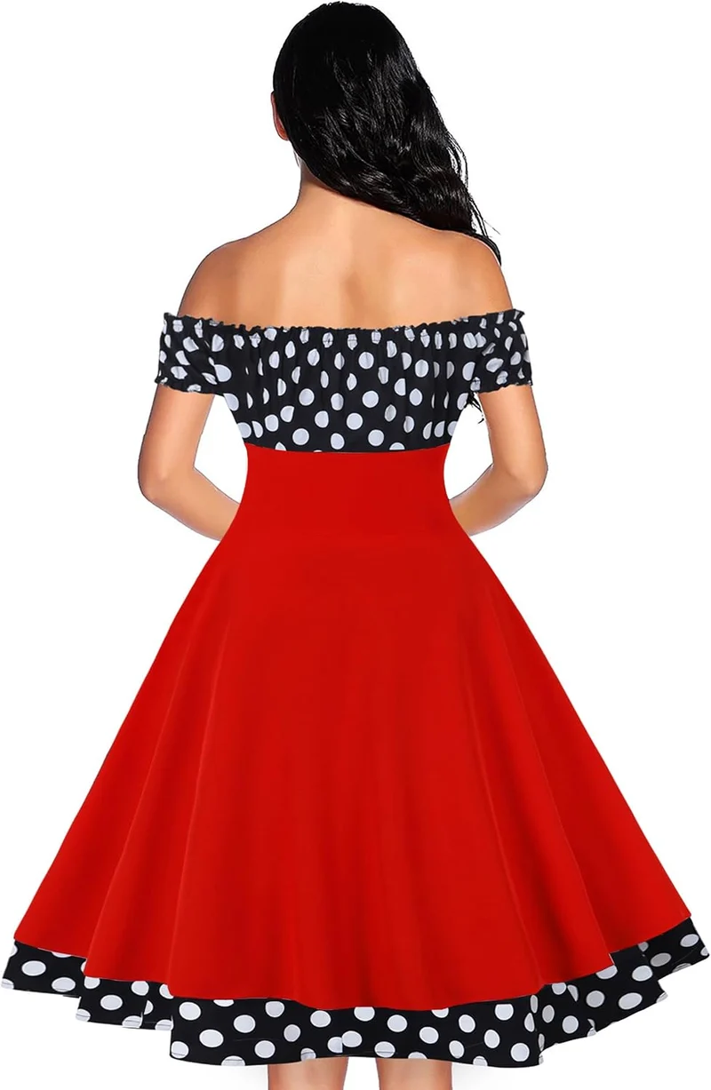 AXOE Damen Schulterfrei Kleid 50er Jahre Kleid Cocktailkleid mit Polka Dots Knielang S Rot/Schwarz,