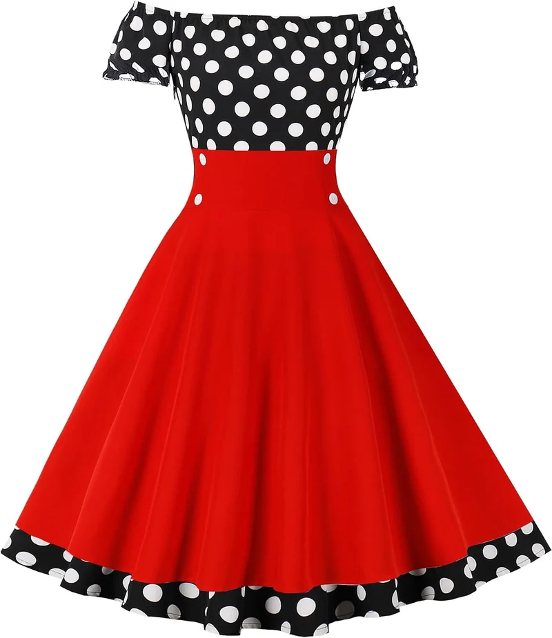 AXOE Damen Schulterfrei Kleid 50er Jahre Kleid Cocktailkleid mit Polka Dots Knielang S Rot/Schwarz,