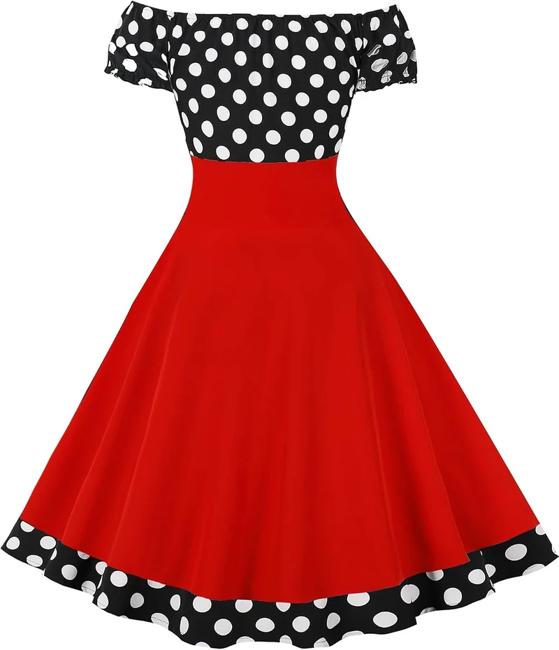 AXOE Damen Schulterfrei Kleid 50er Jahre Kleid Cocktailkleid mit Polka Dots Knielang S Rot/Schwarz,