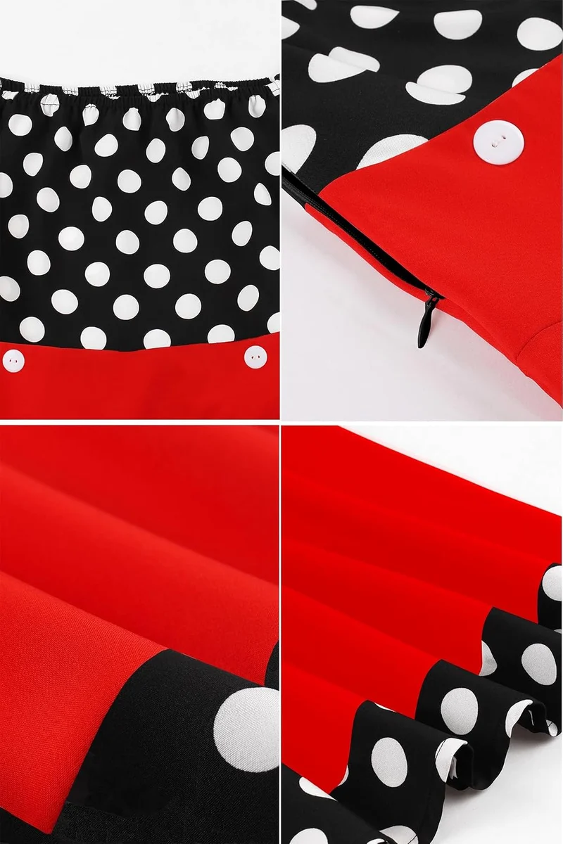 AXOE Damen Schulterfrei Kleid 50er Jahre Kleid Cocktailkleid mit Polka Dots Knielang S Rot/Schwarz,