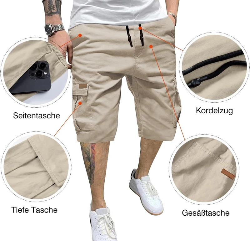 JMIERR Kurze Hosen Herren Baumwolle Cargo Shorts Herren Sommer Freizeithose mit Taschen M Braun, M B