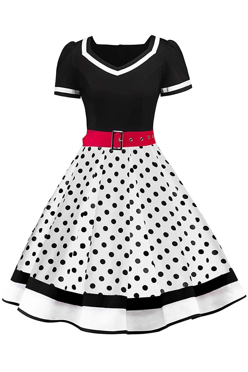AXOE Damen Gepunktet Rockabilly Vintage Kleid mit Gürtel Partykleid S Schwarz/Weiss, S Schwarz/Weiss