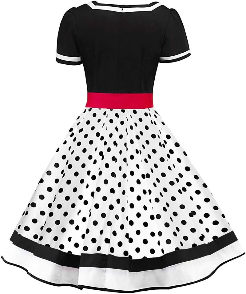 AXOE Damen Gepunktet Rockabilly Vintage Kleid mit Gürtel Partykleid S Schwarz/Weiss, S Schwarz/Weiss