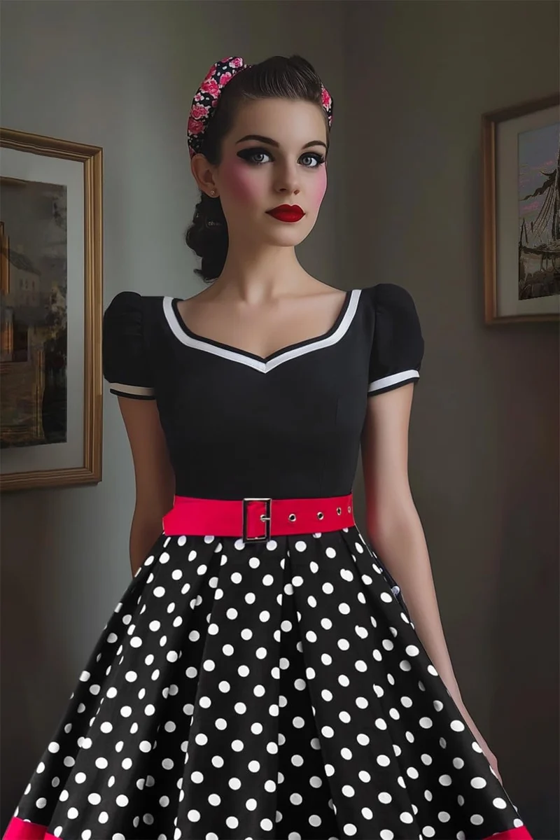 AXOE Damen Gepunktet Rockabilly Vintage Kleid mit Gürtel Partykleid S Schwarz/Weiss, S Schwarz/Weiss