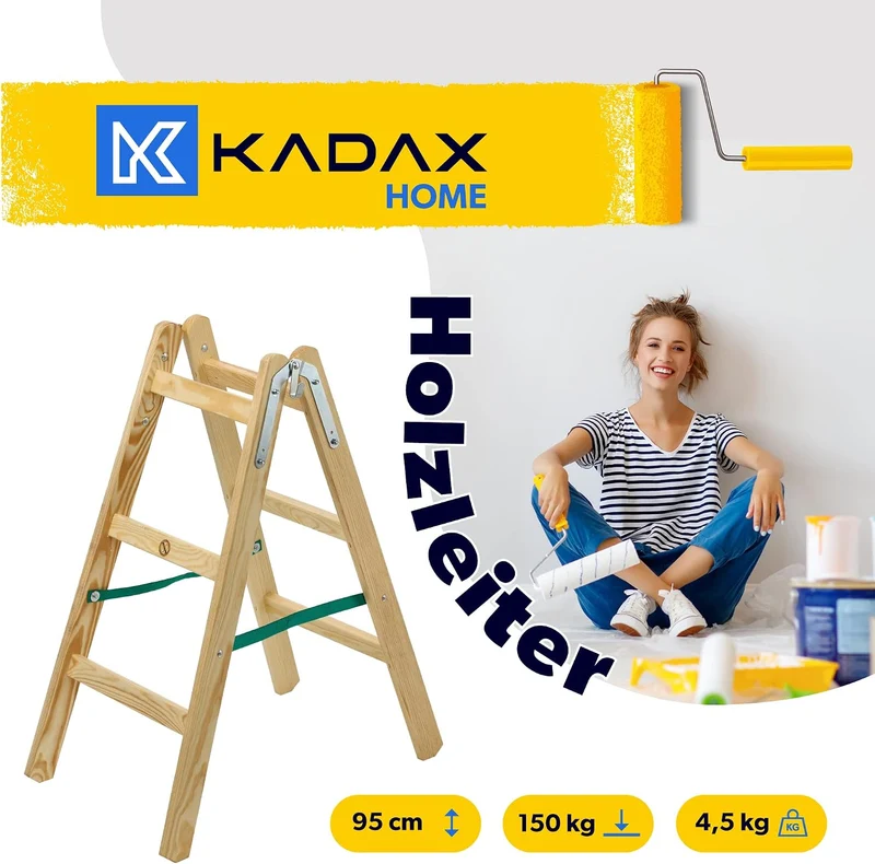 KADAX Holzleiter, Bockleiter bis 150 kg, klappbare Malerleiter, Doppelstufenleiter mit Stahlhaken, E