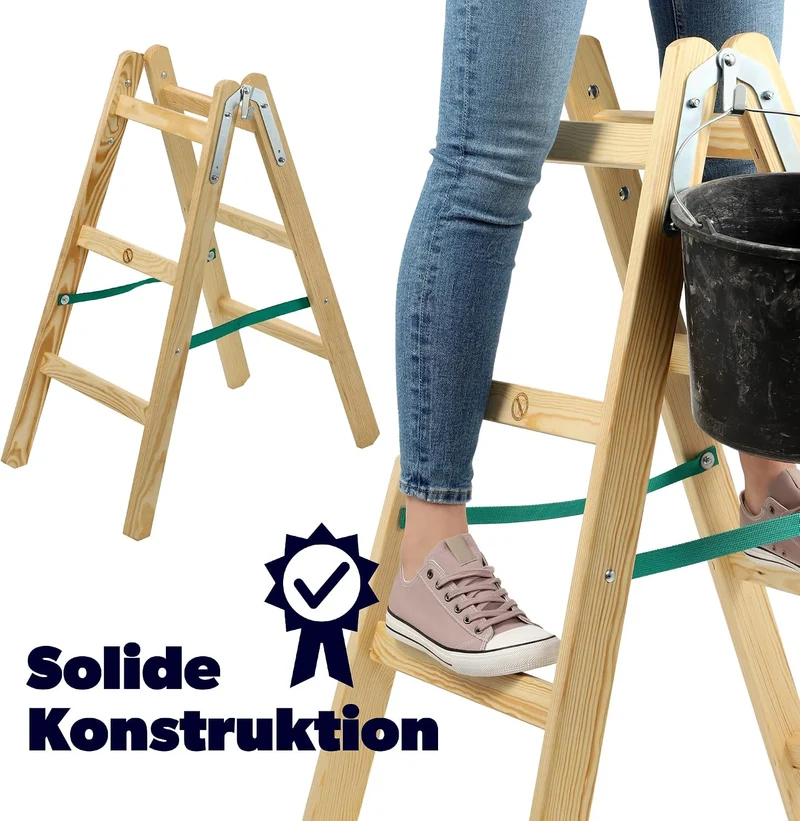 KADAX Holzleiter, Bockleiter bis 150 kg, klappbare Malerleiter, Doppelstufenleiter mit Stahlhaken, E