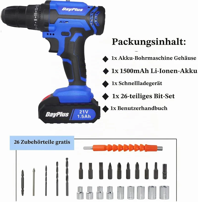 21V Akkuschrauber mit 1 Akkus Professional Schnellladung, Mini Akkuschrauber mit Schlagbohrfunktion,