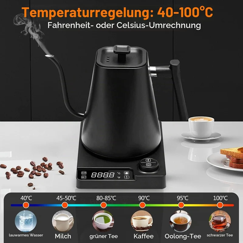 Fityou elektrischer Wasserkocher Schwanenhals,Temperaturregelung, 1200W,1L hohe Kapazität, Schnell k