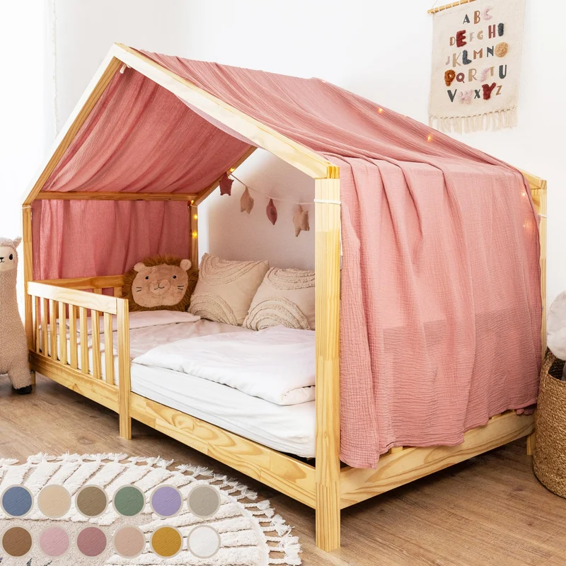 lilimaus Hausbett Himmel [Rosa] - Betthimmel Hausbett aus 100% Baumwolle Musselin Handmade - Stoffhi
