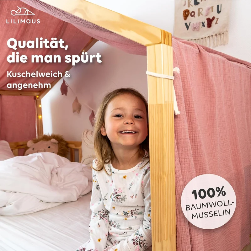 lilimaus Hausbett Himmel [Rosa] - Betthimmel Hausbett aus 100% Baumwolle Musselin Handmade - Stoffhi